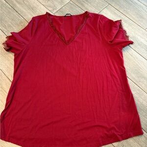 BloomChic Red V-Neck Lace Trim Tee